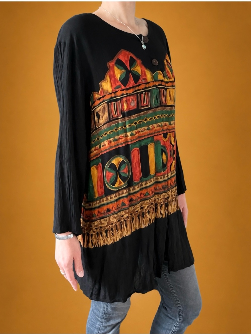 Vintage Crinkled Rayon Tunic – Multicoloured Tribal Geometric Print on Black